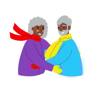 An elderly man and woman smile and hug. Two black pensioners hug each other. Happy relationships. illustration on a white background. vector