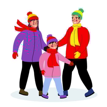 Family, father, mother and daughter in winter clothes. The family spends time together. illustration on a white background. vector
