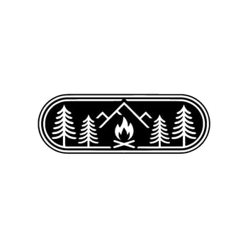 Rustic Mountain Campfire Emblem, Vintage Adventure Illustration, Pines vector