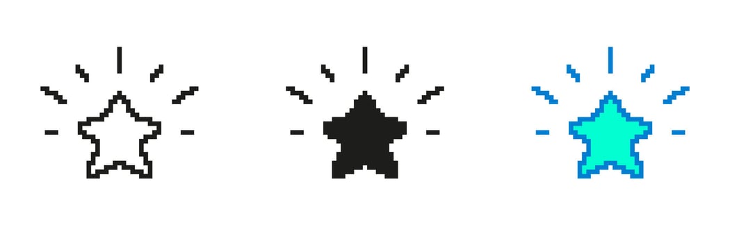 Shining Star Pixelated Icon Set. Pixel Art Symbol of a Glowing Star. Achievement and Excellence, Brilliance and Recognition. Isolated Illustration vector