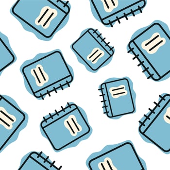 Seamless pattern with a school blue notebook icon, combining line art style and abstract color spots arranged randomly, for school print, textile or other various designs vector