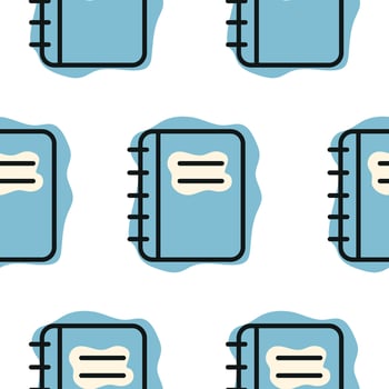 Pattern with a school blue notebook icon, combining line art style and abstract color spots, for school print, textile or other various designs vector
