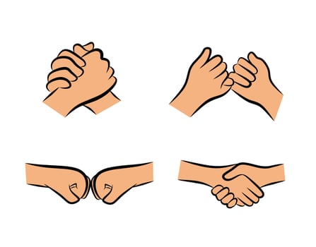 Handshake fist bump pinky promise and teamwork hands for friendship poster social media and business agreement graphic in cartoon style vector