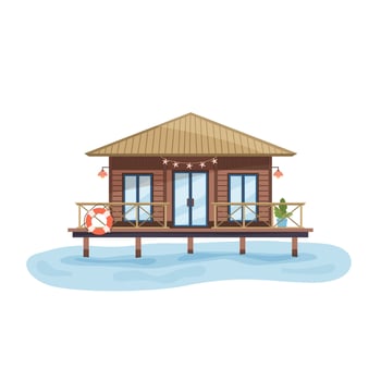 Cozy wooden overwater bungalow building in flat style. Summer house. Suburban life. Isolated clipart on white background for tropical vacation, eco-living, travel concepts. illustration vector