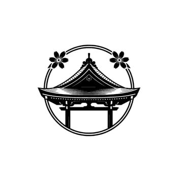 Japanese Pagoda with Sakura, Minimalist Emblem vector