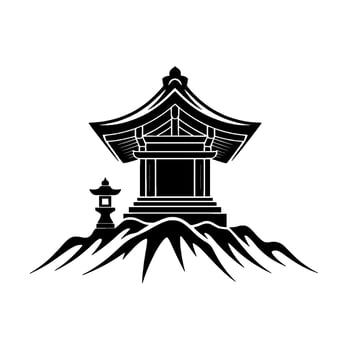 Serene Japanese Pavilion Silhouette, Mountain Backdrop vector