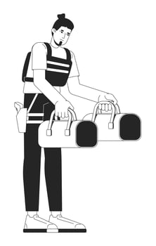 Bank guard carrying cash bags 2D line character. European male armed policeman in security tactical vest holding duffel bags isolated ink outline person. Monochromatic spot illustration vector
