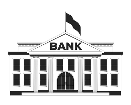 Classic bank building with flag fluttering 2D line object. Financial institution with columns. Banking government facility isolated clipart ink outline item. Monochrome spot illustration vector