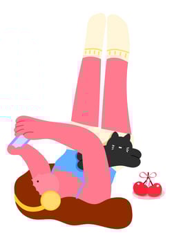 woman lying down with cat and playing mobile games, cozy home lifestyle, relaxation and pet companionship, flat illustration vector
