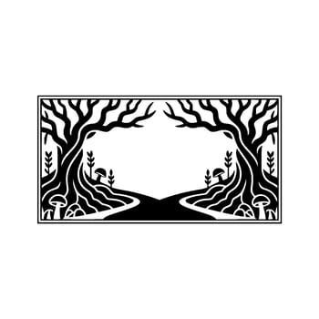 Enchanted Forest Border, Stylized Black White Illustration, Branches vector