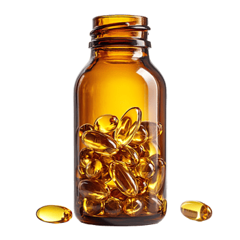 Amber Bottle Filled with Golden Softgel Capsules, Isolated On Transparent Background png