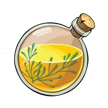 Round bottle with yellow liquid and plant illustration vector
