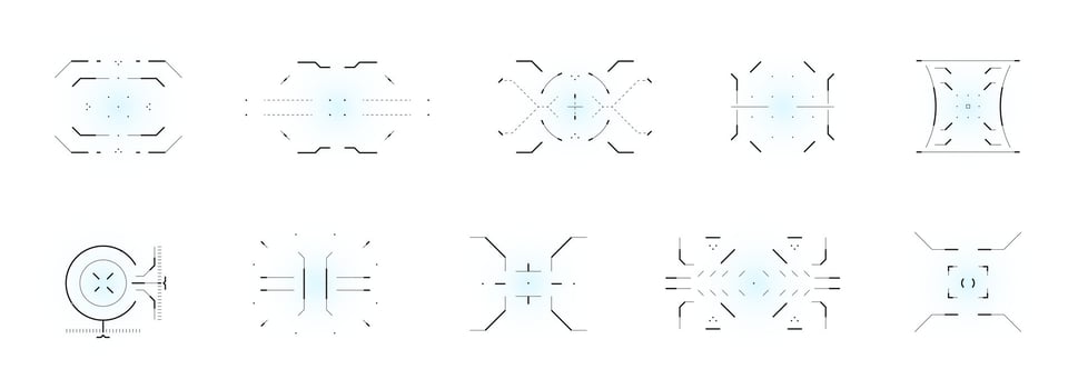 Futuristic target HUD interface for shooting game. Black crosshair radar scope and weapon indicators. tech UI compass, rifle sight and digital sniper display. Sci fi military design. vector