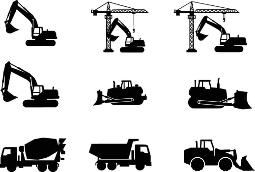 construction machinery silhouettes isolated on white background vector