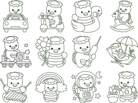 Outline of kappa in the variation of transportation. Coloring pages of cute kappa. vector