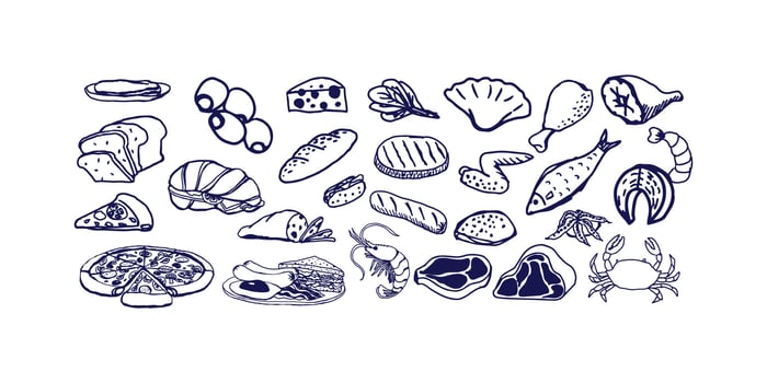 Food minimal thin line icons. Related fresh fruit, vegetable, coffe, salad, meat vector