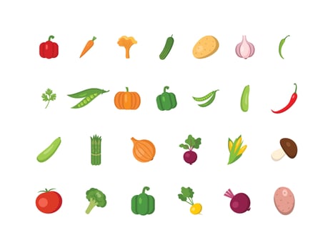 Colorful vegetables and fruits illustration icon collection featuring healthy food elements, organic farming, grocery, vegetarian lifestyle, and natural eating vector
