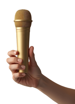 Golden microphone held in hand for an exciting performance, symbolizing success png