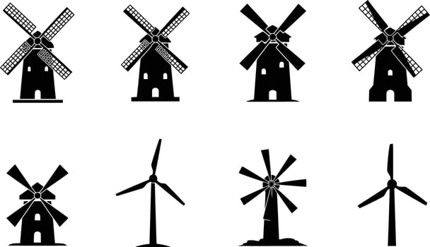 silhouette of a collection of black and white windmill and wind turbine icons isolated on white background vector
