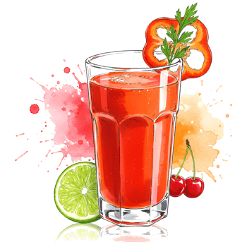 Glass of juice with pepper garnish, lime, and cherries against colorful paint splatter design art on transparent background png