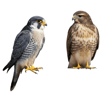 Two birds of prey perched side by side with different plumage patterns against a solid color space on transparent background png