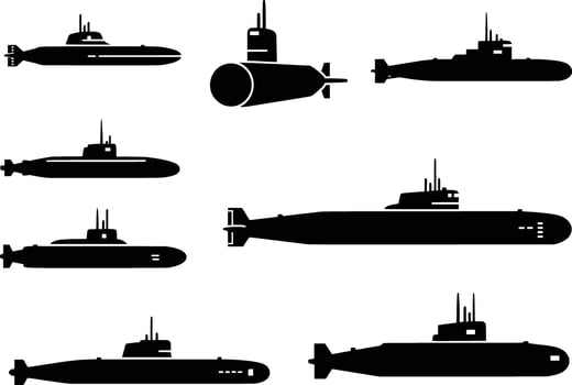 silhouette of a collection of black submarine silhouettes isolated on a white background vector