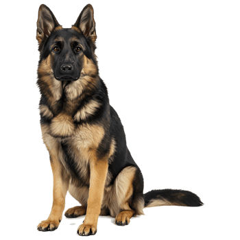 A german shepherd sitting with alert expression and erect ears against a plain color setting on transparent background png