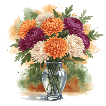 A vase filled with colorful chrysanthemums with orange purple and white petals and green leaves art on transparent background png