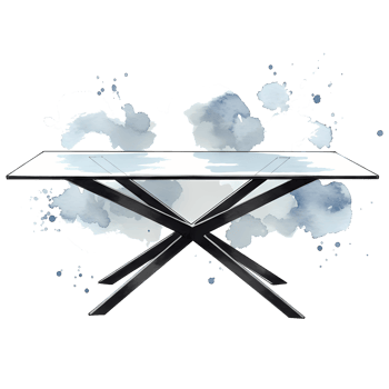 A stylized rendering of a table with a white top and a geometric base on a watercolor style design on transparent background png