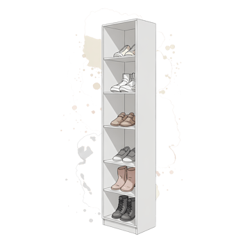 An illustration showcases a white shoe rack filled with assorted footwear, set against a striking black and white artistic background, transparent background png