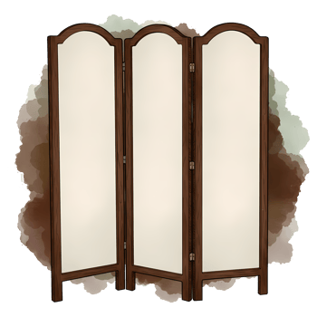 Elegant folding screen with three panels, featuring a classic wood frame and cream-colored inserts, perfect for room decoration or design, transparent background png