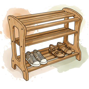 Stylish wooden shoe rack holding sneakers and sandals adds organization and charm to any entryway with a clean watercolor design, transparent background png