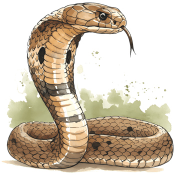 A striking cobra with detailed scales, forked tongue, and a transparent background in a watercolor style. png