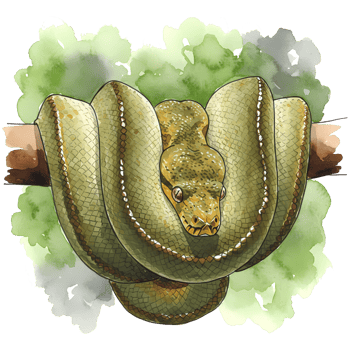 Watercolor illustration of a green tree python coiled on a branch against a vibrant green and white backdrop with transparent aspects, transparent background png