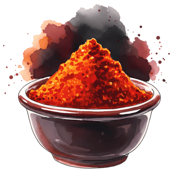 Appetizing bowl of vibrant chili powder, a fiery spice rendered in a watercolor style against a transparent backdrop, transparent background png
