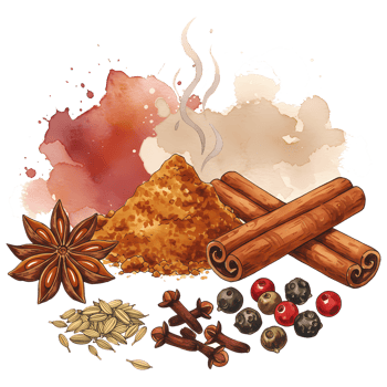 Aromatic watercolor composition features star anise, cinnamon sticks, cardamom, cloves, and peppercorns on a transparent background. png