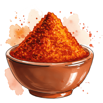 An artistic rendering of a bowl overflowing with vibrant red chili powder against a transparent background with watercolor accents. png