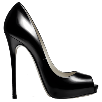 A sleek, black high heel pump stands elegantly against a transparent background, showing a modern shoe design and reflecting light. png