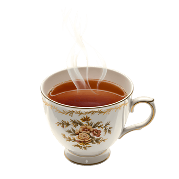 A steaming cup of tea sits elegantly, showcasing its rich color and floral design against a transparent background. png