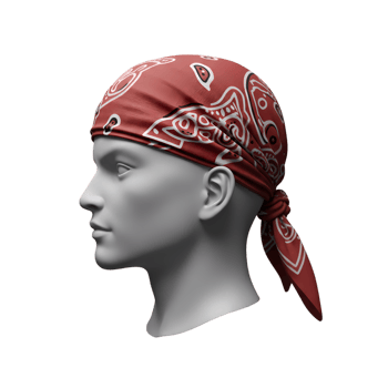 Mannequin head showcases a red bandana with intricate white patterns, creating a stylish, contemporary design against a black backdrop, transparent background png