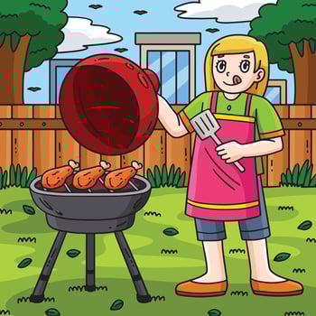 BBQ and Girl Grilling Chicken Colored Cartoon vector