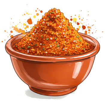 An illustration of a terracotta bowl filled with vibrant red and orange spice blend, with a splatter design adding a dynamic touch, transparent background png
