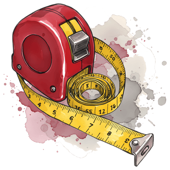 A colorful red measuring tape illustration coiled with yellow measuring length shown against a black and watercolor splash background, transparent background png