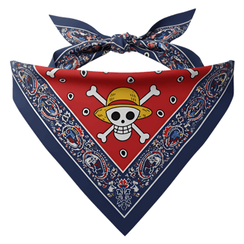 The red bandana features a prominent skull and crossbones with a straw hat, surrounded by a decorative paisley pattern and a knot at the top, transparent background png