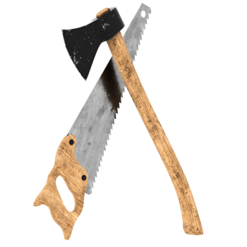 3d render axe and hand saw crossed with transparent background png