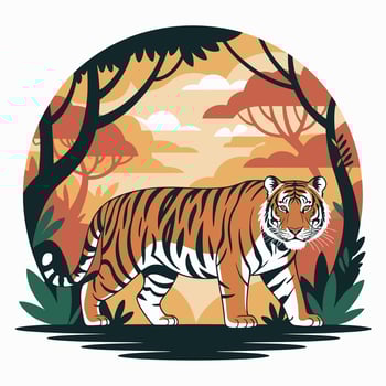 Tiger Illustration in Orange and Green Forest Landscape vector