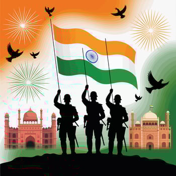 Indian Independence Day Illustration with Soldiers Holding Flag and Monuments vector