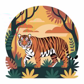Tiger Illustration in Jungle Setting with Trees and Foliage vector