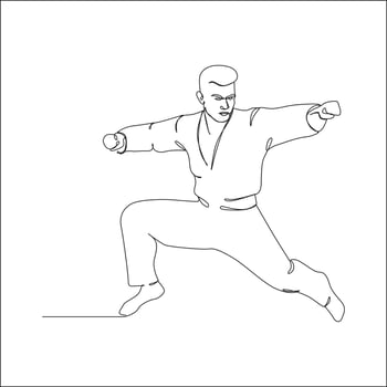 A dynamic line art illustration of a martial artist in mid-action, performing a forward punch and stance, symbolizing strength, discipline, and agility in martial arts practice. vector