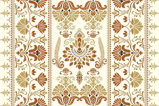 Ethnic ikat paisley floral seamless pattern with intricate embroidery border and traditional Indian motifs in boho and aztec textile design, perfect for fabric, wallpaper, or decoration. vector